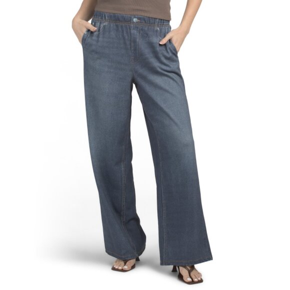 ECRU Dark Indigo Denim Look Knit Pull On Wide Leg Pants - Picture 1 of 2